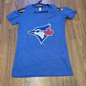 Bulletin Women’s Large Toronto Blue Jays Off-Shoulder V-Neck Tee Shirt Blue B89
